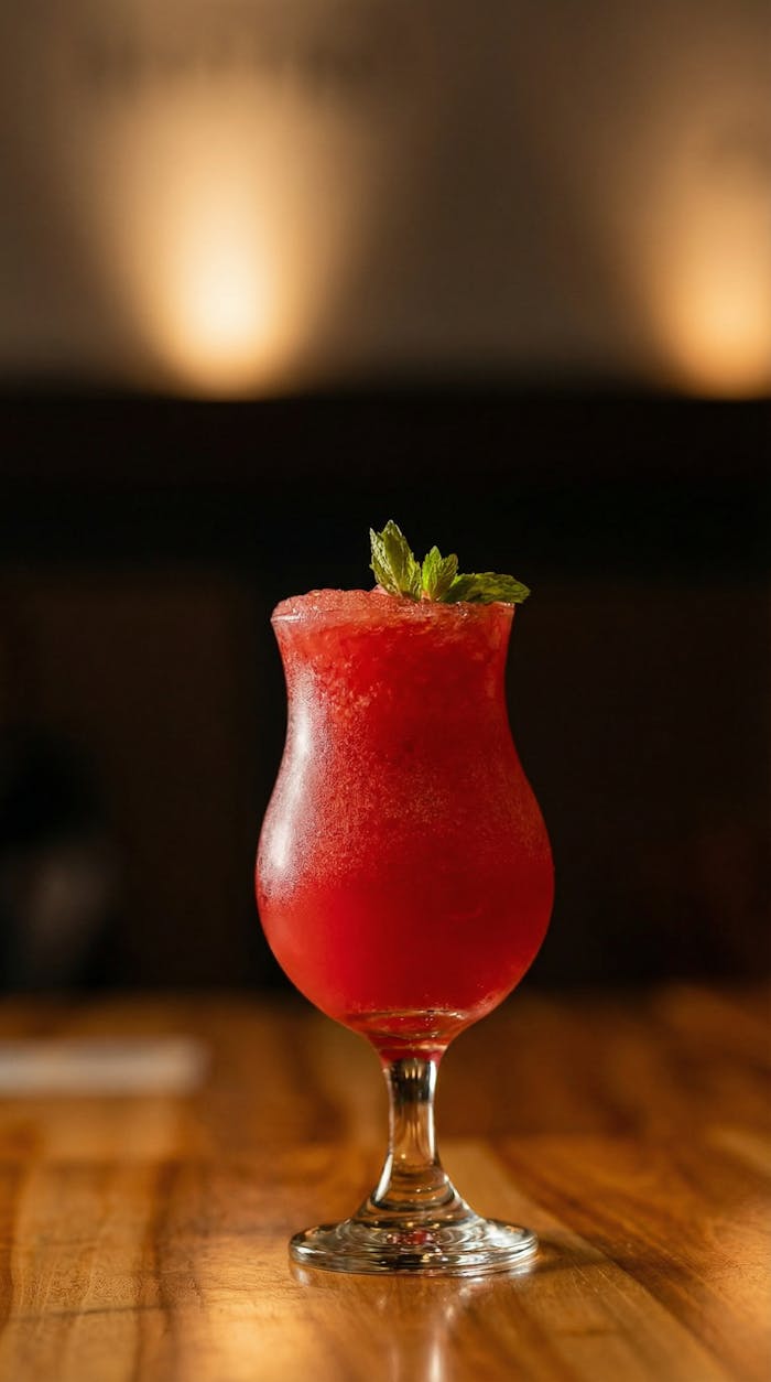 gallery-1 A vibrant red cocktail in a glass with a mint sprig, set against a soft, warm background.